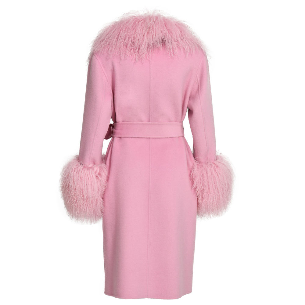 Cashmere Trench Coat Real Mongolian Lamb Fur Collar Women Wool Long Coat 3PCS 354