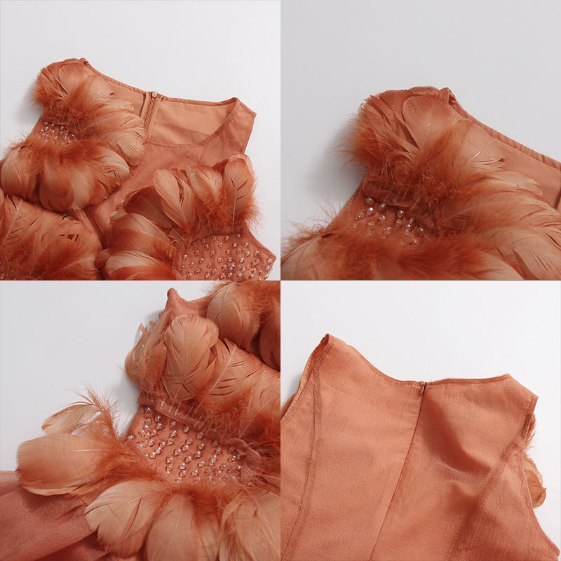 Chic Tangerine Feather Embellished Mini Dress Women Sleeveless Beaded Tulle Puff Ball Ruffle Party Dress 10PCS 147