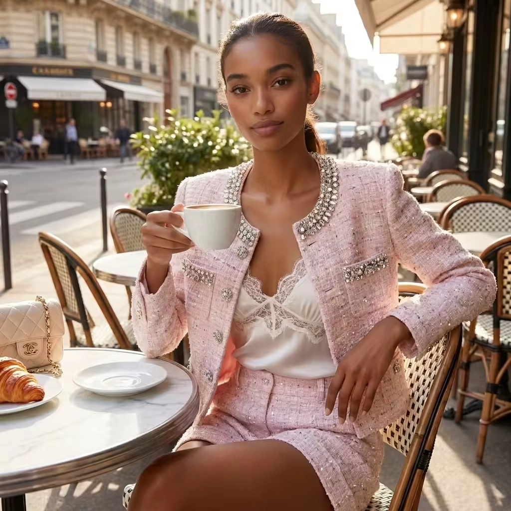 Pink Tweed Set Women Crystal Rhinestone Embellished Neckline Tweed Jacket and Shorts 2 Piece Set Heavy CraftsmanshipOutfit 15pcs 496