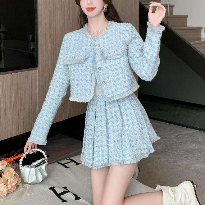  Crew Neck Button Blazer Mini Pleated Skirt New Luxury Tweed Suit 35PCS