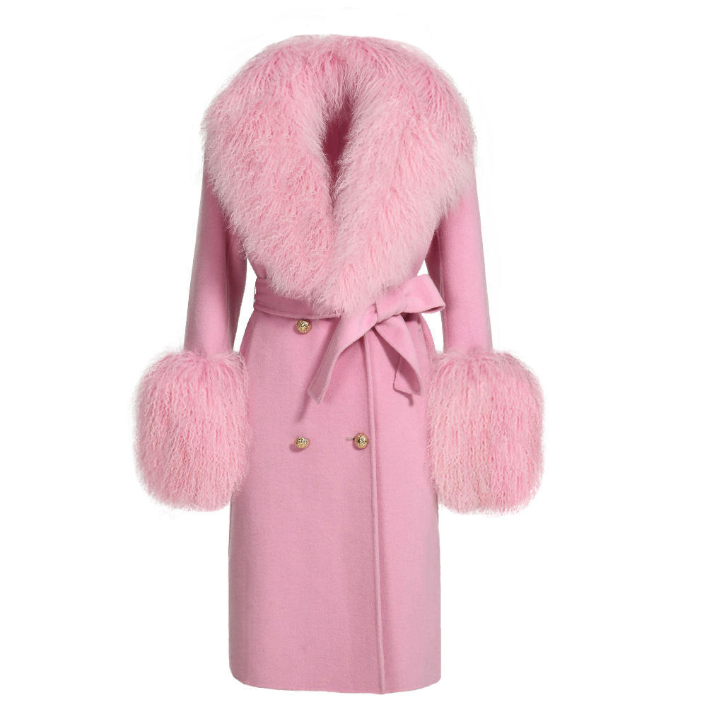 Cashmere Trench Coat Real Mongolian Lamb Fur Collar Women Wool Long Coat 3PCS 354