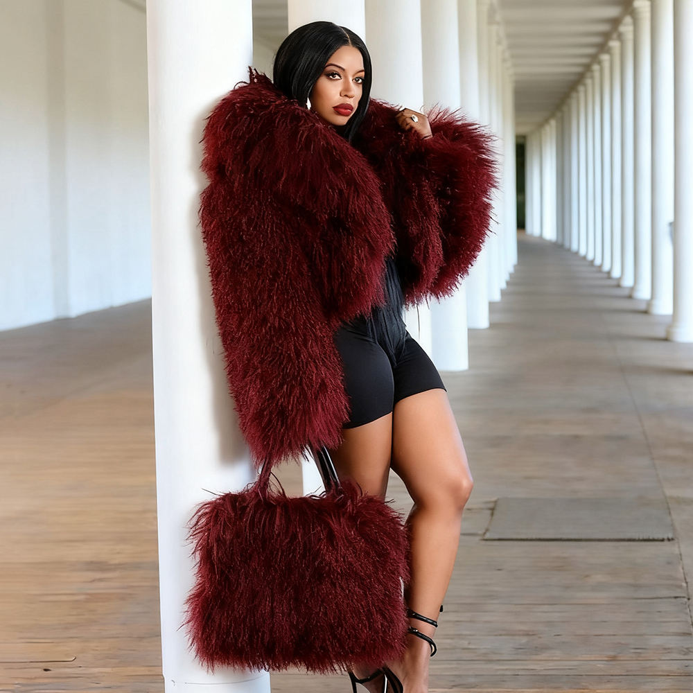Thick Fluffy Furry Outwear Winter Curly Overcoat Women  2PCS