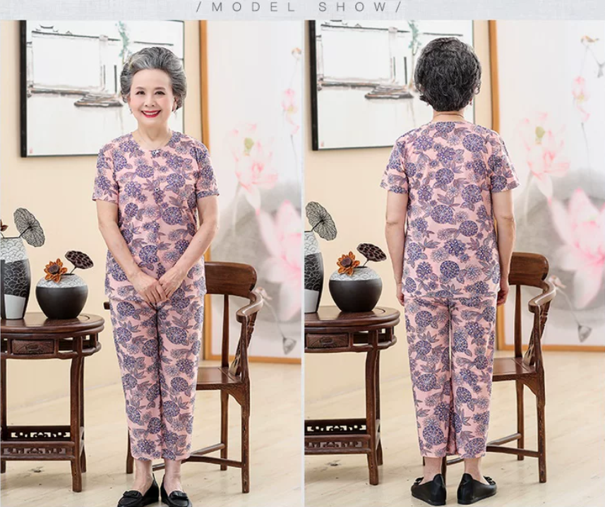 Elderly women's 60-70 year old summer suit short sleeved grandmother summer suit two-piece set 80 year old women's clothing