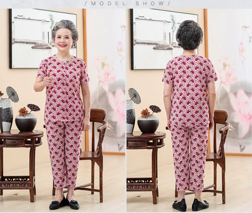 Elderly women's 60-70 year old summer suit short sleeved grandmother summer suit two-piece set 80 year old women's clothing