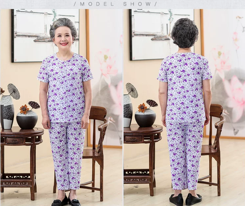 Elderly women's 60-70 year old summer suit short sleeved grandmother summer suit two-piece set 80 year old women's clothing