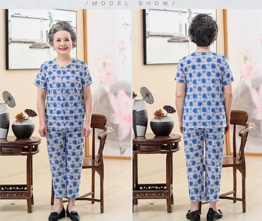 Elderly women's 60-70 year old summer suit short sleeved grandmother summer suit two-piece set 80 year old women's clothing