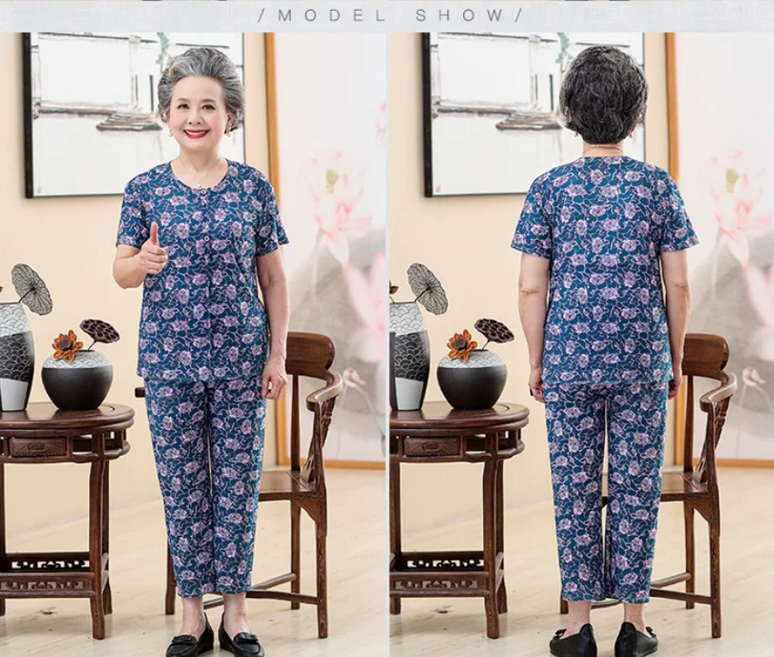 Elderly women's 60-70 year old summer suit short sleeved grandmother summer suit two-piece set 80 year old women's clothing