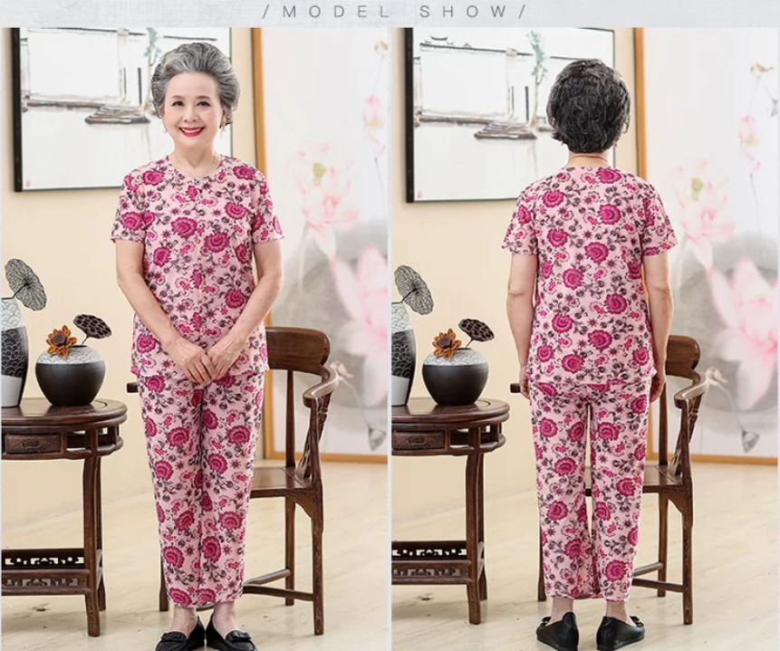Elderly women's 60-70 year old summer suit short sleeved grandmother summer suit two-piece set 80 year old women's clothing