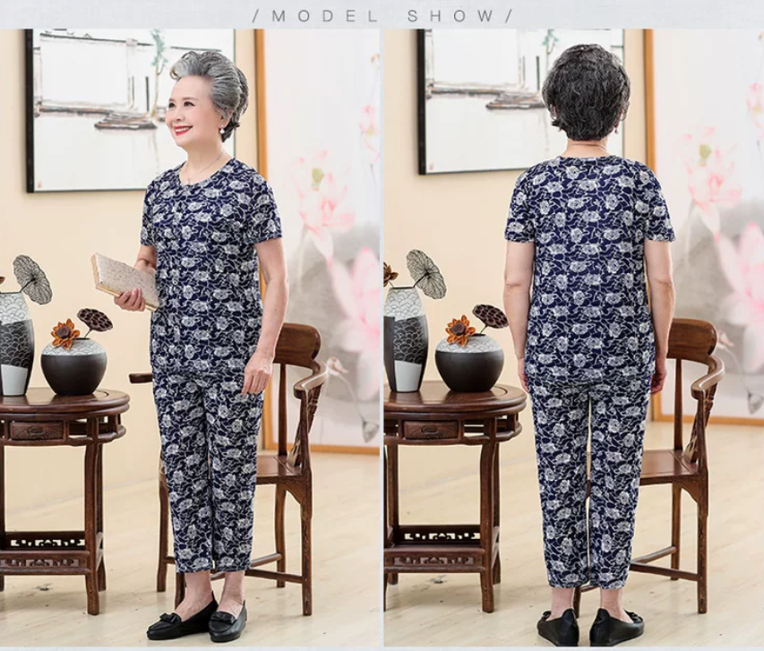 Elderly women's 60-70 year old summer suit short sleeved grandmother summer suit two-piece set 80 year old women's clothing