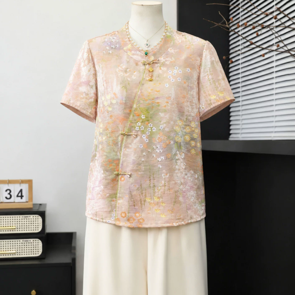 2026 New Mom Summer Dress, New Chinese Style Shirt, Middle aged and Elderly Women's Wear, Short sleeved Chiffon T-shirt, Chinese Style Top