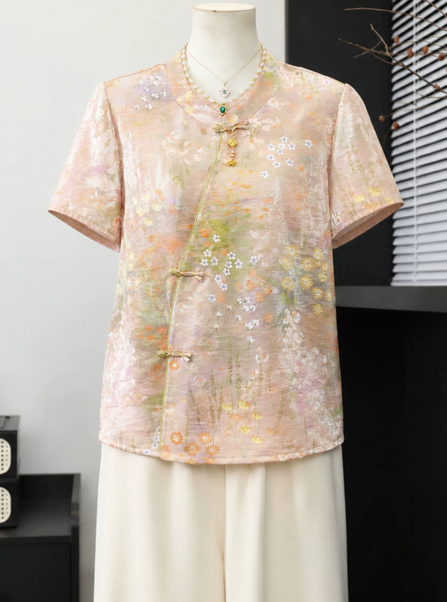 2026 New Mom Summer Dress, New Chinese Style Shirt, Middle aged and Elderly Women's Wear, Short sleeved Chiffon T-shirt, Chinese Style Top