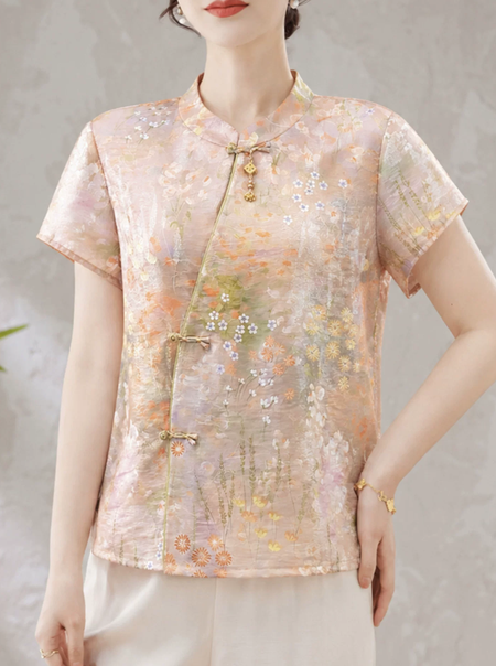 2026 New Mom Summer Dress, New Chinese Style Shirt, Middle aged and Elderly Women's Wear, Short sleeved Chiffon T-shirt, Chinese Style Top