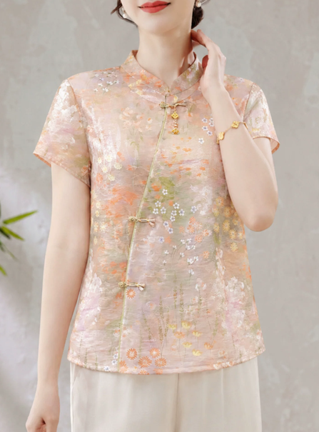 2026 New Mom Summer Dress, New Chinese Style Shirt, Middle aged and Elderly Women's Wear, Short sleeved Chiffon T-shirt, Chinese Style Top