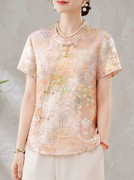 2026 New Mom Summer Dress, New Chinese Style Shirt, Middle aged and Elderly Women's Wear, Short sleeved Chiffon T-shirt, Chinese Style Top
