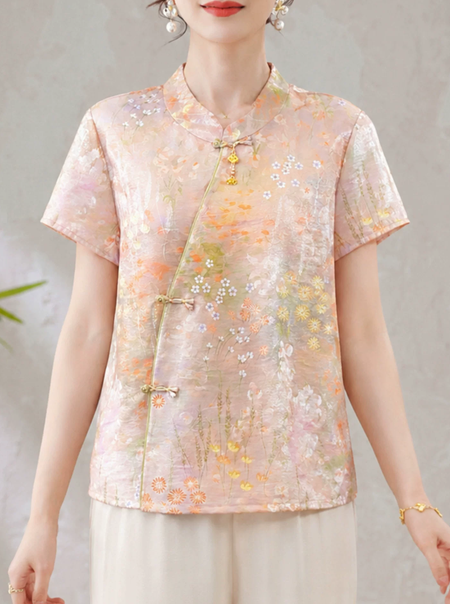 2026 New Mom Summer Dress, New Chinese Style Shirt, Middle aged and Elderly Women's Wear, Short sleeved Chiffon T-shirt, Chinese Style Top