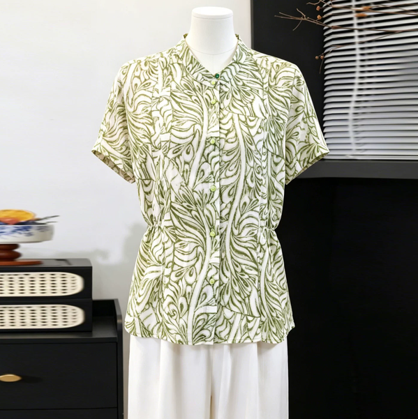 Mom's summer dress chiffon short sleeved shirt 2026 new western-style printed T-shirt top, waist cinching and anti-aging shirt