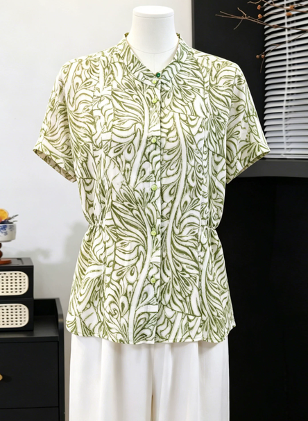 Mom's summer dress chiffon short sleeved shirt 2026 new western-style printed T-shirt top, waist cinching and anti-aging shirt