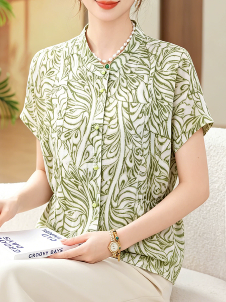 Mom's summer dress chiffon short sleeved shirt 2026 new western-style printed T-shirt top, waist cinching and anti-aging shirt