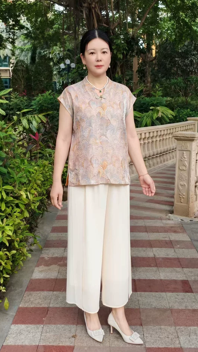 Summer New Chinese Printed Short sleeved T-shirt 2026 New Middle aged and Elderly Women's Wear Chinese Style Chiffon