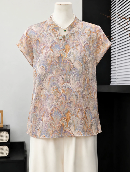 Summer New Chinese Printed Short sleeved T-shirt 2026 New Middle aged and Elderly Women's Wear Chinese Style Chiffon