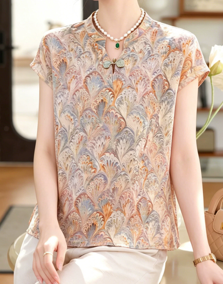 Summer New Chinese Printed Short sleeved T-shirt 2026 New Middle aged and Elderly Women's Wear Chinese Style Chiffon