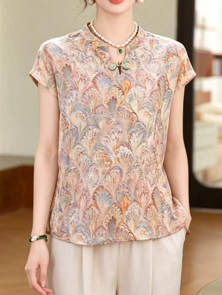 Summer New Chinese Printed Short sleeved T-shirt 2026 New Middle aged and Elderly Women's Wear Chinese Style Chiffon