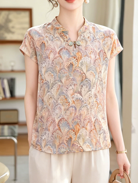 Summer New Chinese Printed Short sleeved T-shirt 2026 New Middle aged and Elderly Women's Wear Chinese Style Chiffon
