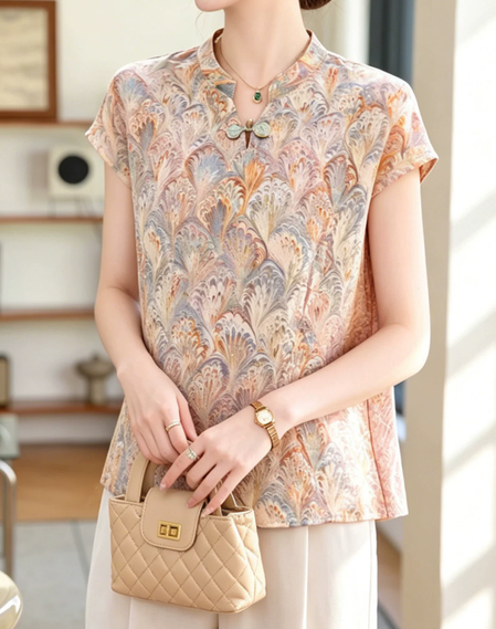 Summer New Chinese Printed Short sleeved T-shirt 2026 New Middle aged and Elderly Women's Wear Chinese Style Chiffon