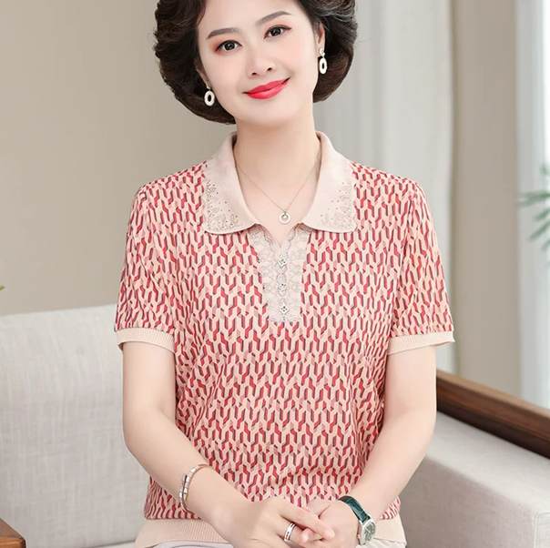 Randomly colored 2-piece summer ice silk short sleeved T-shirt, stylish small shirt, 50+middle-aged and elderly women's thin lapel top 2-piece set
