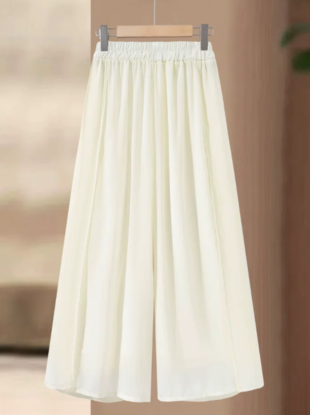 Mother's Summer New Arrival Chiffon Wide Leg Pants for Middle-aged and Senior Women: White Loose Fit Straight Leg Elastic Waistline Flattering Skirt Pants