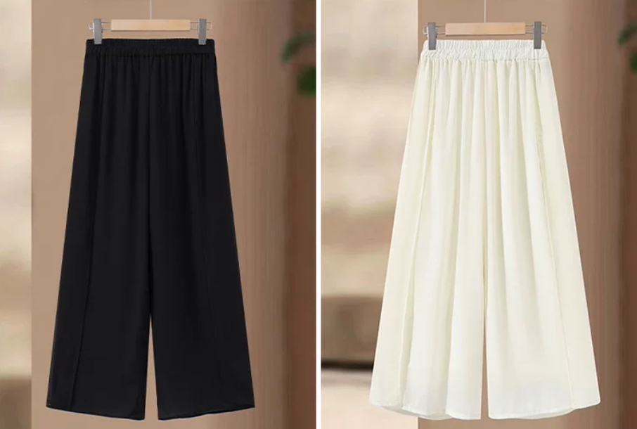 Mother's Summer New Arrival Chiffon Wide Leg Pants for Middle-aged and Senior Women: White Loose Fit Straight Leg Elastic Waistline Flattering Skirt Pants