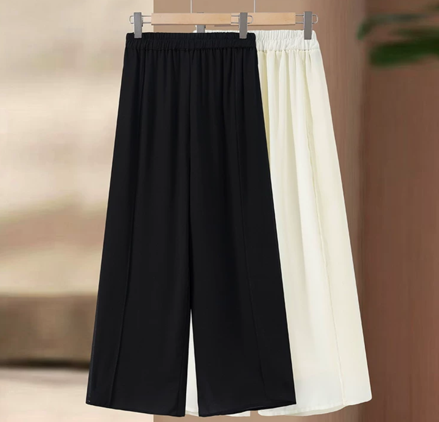 Mother's Summer New Arrival Chiffon Wide Leg Pants for Middle-aged and Senior Women: White Loose Fit Straight Leg Elastic Waistline Flattering Skirt Pants