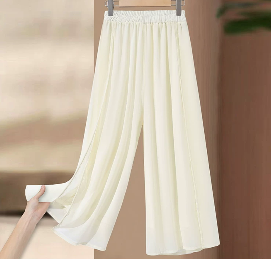 Mother's Summer New Arrival Chiffon Wide Leg Pants for Middle-aged and Senior Women: White Loose Fit Straight Leg Elastic Waistline Flattering Skirt Pants