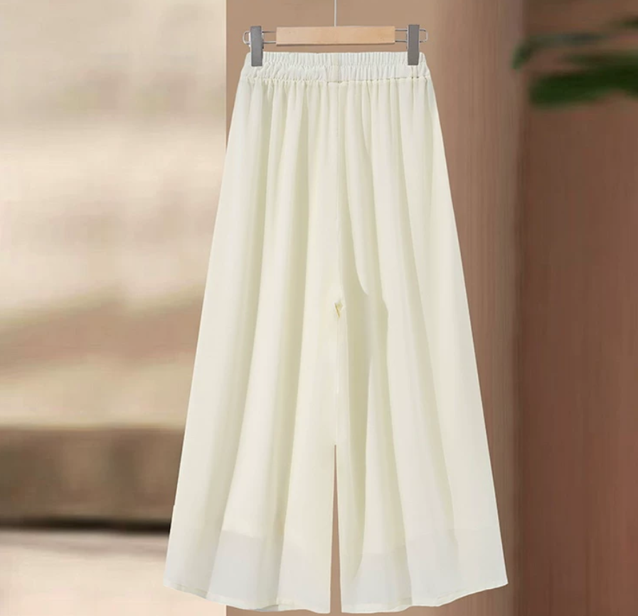 Mother's Summer New Arrival Chiffon Wide Leg Pants for Middle-aged and Senior Women: White Loose Fit Straight Leg Elastic Waistline Flattering Skirt Pants