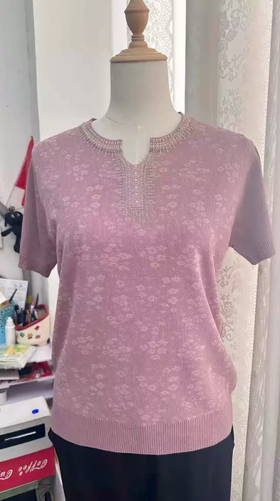 Mother's Summer Ice Silk Short Sleeve T-Shirt Fashion Women's Mid-Age and Senior Women's Lightweight Knit Top 2026 New Style