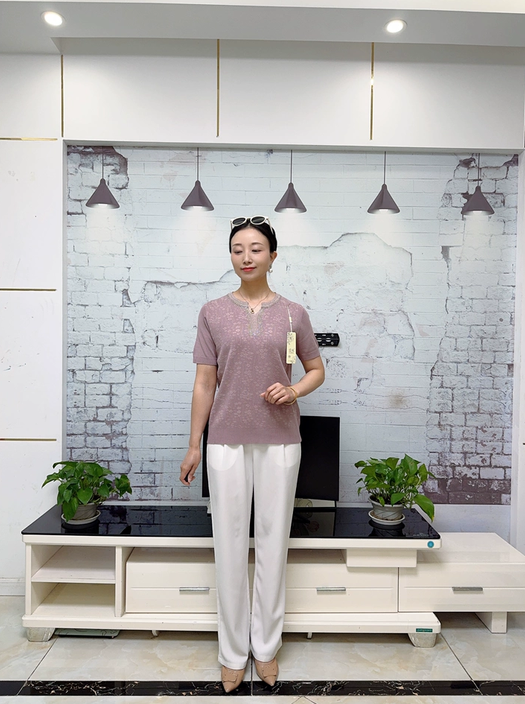 Mother's Summer Ice Silk Short Sleeve T-Shirt Fashion Women's Mid-Age and Senior Women's Lightweight Knit Top 2026 New Style