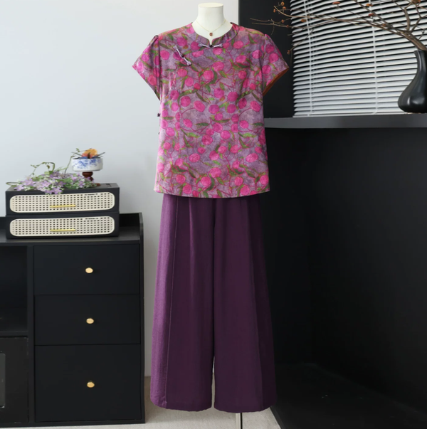 New Chinese style mom summer printed short sleeved T-shirt 2026 new style Chinese style top and wide leg pants set for middle-aged and elderly women