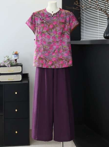 New Chinese style mom summer printed short sleeved T-shirt 2026 new style Chinese style top and wide leg pants set for middle-aged and elderly women