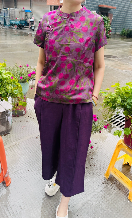 New Chinese style mom summer printed short sleeved T-shirt 2026 new style Chinese style top and wide leg pants set for middle-aged and elderly women