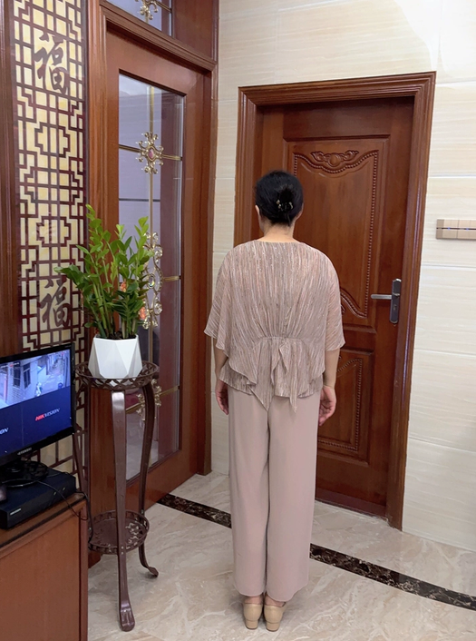 V-neck bat sleeve outfit for middle-aged and elderly women, western-style chiffon T-shirt, wide leg pants, dignified and atmospheric set