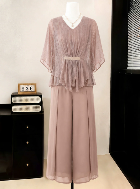 V-neck bat sleeve outfit for middle-aged and elderly women, western-style chiffon T-shirt, wide leg pants, dignified and atmospheric set