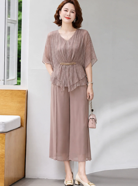 V-neck bat sleeve outfit for middle-aged and elderly women, western-style chiffon T-shirt, wide leg pants, dignified and atmospheric set