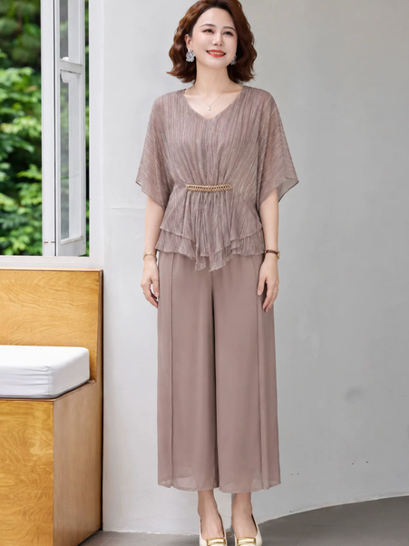 V-neck bat sleeve outfit for middle-aged and elderly women, western-style chiffon T-shirt, wide leg pants, dignified and atmospheric set