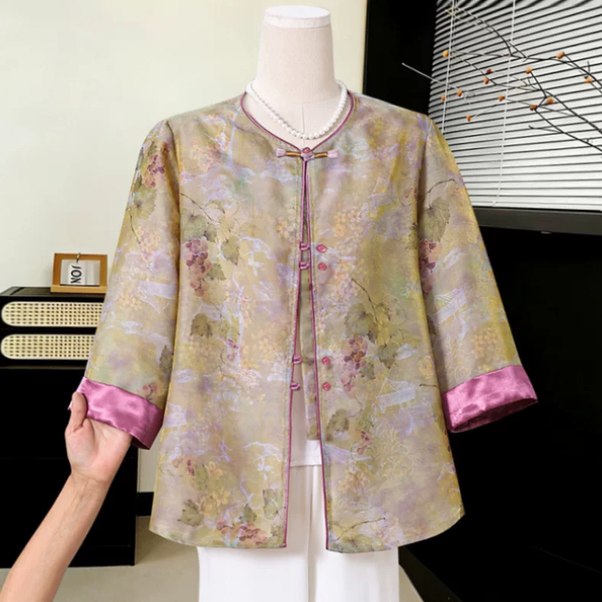 Mom's summer outfit new Chinese style shirt for middle-aged and elderly women, loose plus size chiffon T-shirt, Chinese style top