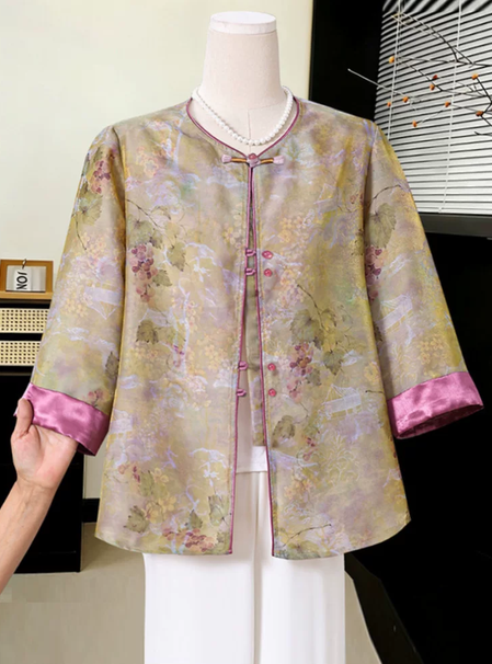 Mom's summer outfit new Chinese style shirt for middle-aged and elderly women, loose plus size chiffon T-shirt, Chinese style top