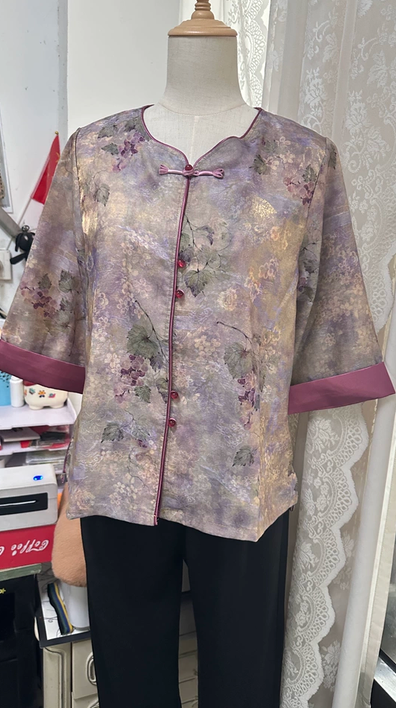 Mom's summer outfit new Chinese style shirt for middle-aged and elderly women, loose plus size chiffon T-shirt, Chinese style top