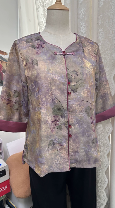 Mom's summer outfit new Chinese style shirt for middle-aged and elderly women, loose plus size chiffon T-shirt, Chinese style top