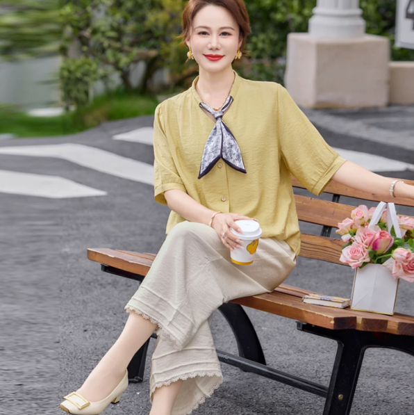 Mother's Summer New Style Short Sleeve T-Shirt Elegant and Dignified Set for Middle-aged and Senior Women Age-defying Top and Wide-leg Pants Two-piece Set