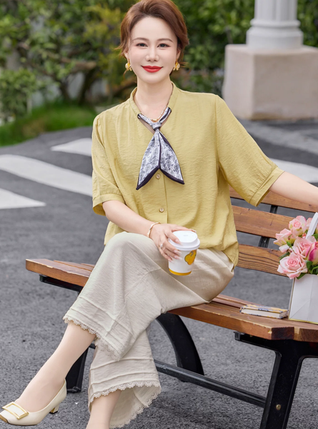 Mother's Summer New Style Short Sleeve T-Shirt Elegant and Dignified Set for Middle-aged and Senior Women Age-defying Top and Wide-leg Pants Two-piece Set