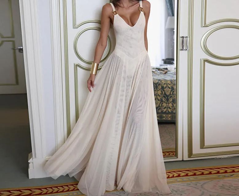 Mesh Double Dress Women V-Neck Elegant Party Dress MOQ 10pcs